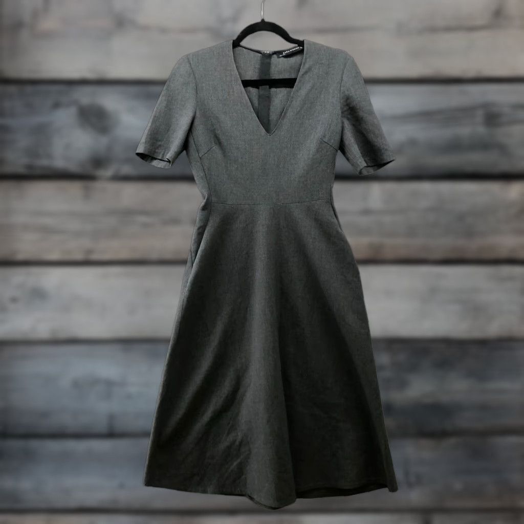 Zara Midi Dress Womens S Gray Short Sleeve V-Neck A-Line Flare Formal Career