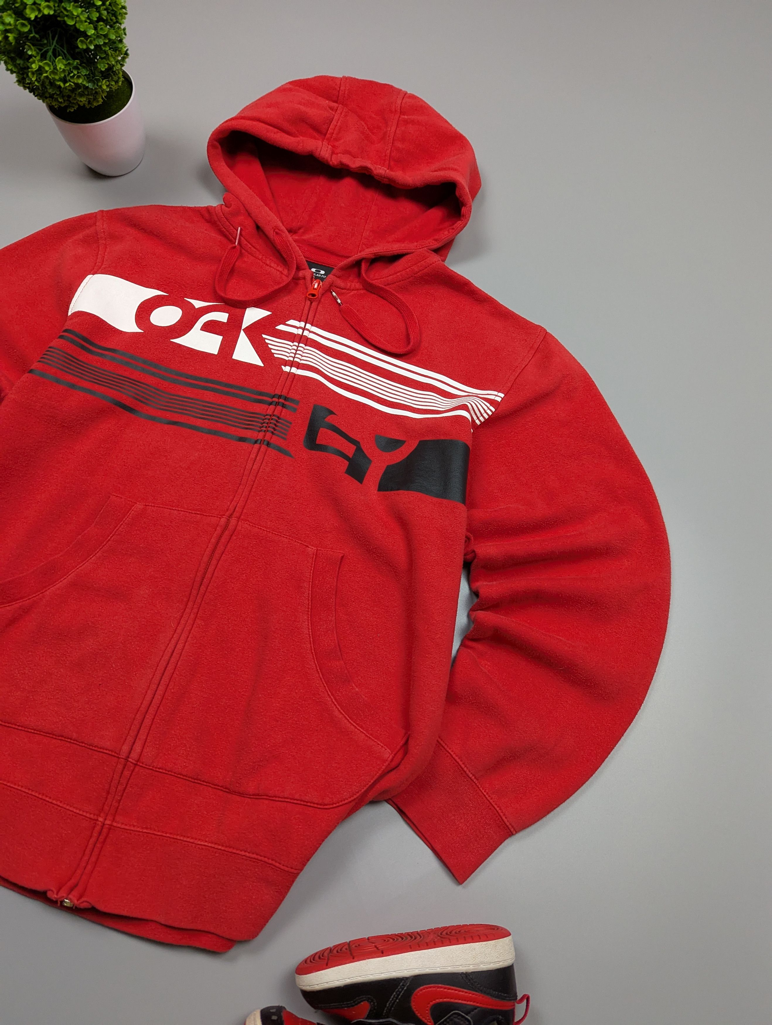 Oakley × Vintage Oakley Vintage Mens Skater Graphic Logo Full Zip Red Hoodie Size US L / EU 52-54 / 3 - 3 Thumbnail