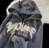 Grey Chenille Patch Plush Horn Hoodie Gothic Oversized Zipup