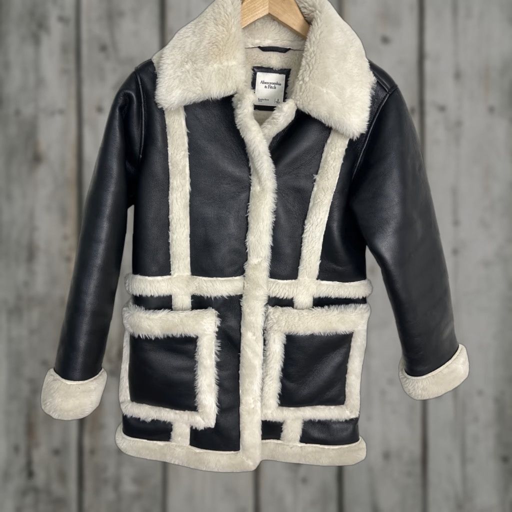 Abercrombie & Fitch Womans Faux Shearling Faux Leather Black Jacket Coat Size S
