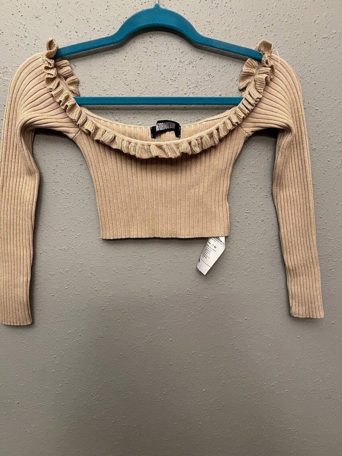Designer Reformation Women's Beige Ribbed Knit Long Sleeve Crop Top Size S / US 4 / IT 40 - 1 Thumbnail