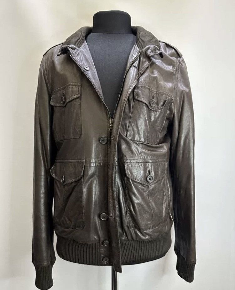 image of Prada Leather Biker Pocket Detail Moto Jacket in Brown, Men's (Size XL)