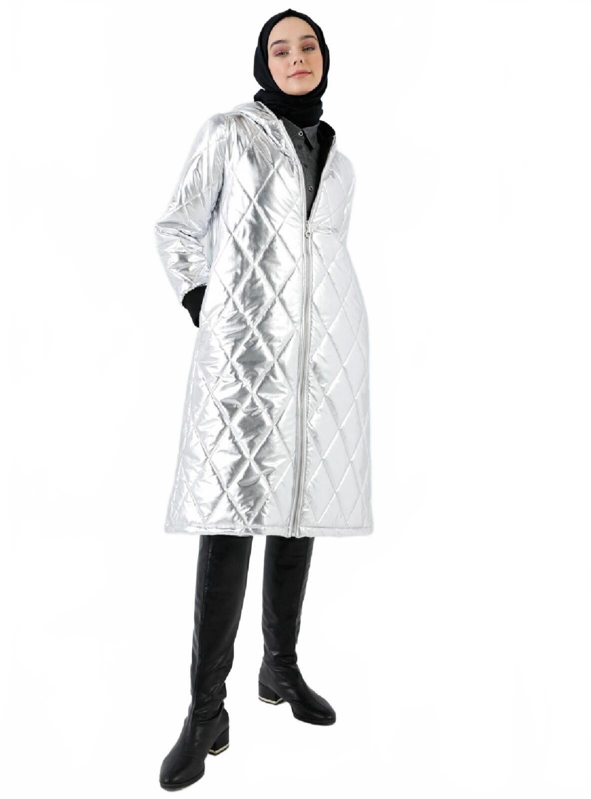 Unknown London Metallic Quilted Long Puffer Coat with Hood, Size 8 Size M / US 6-8 / IT 42-44 - 1 Thumbnail