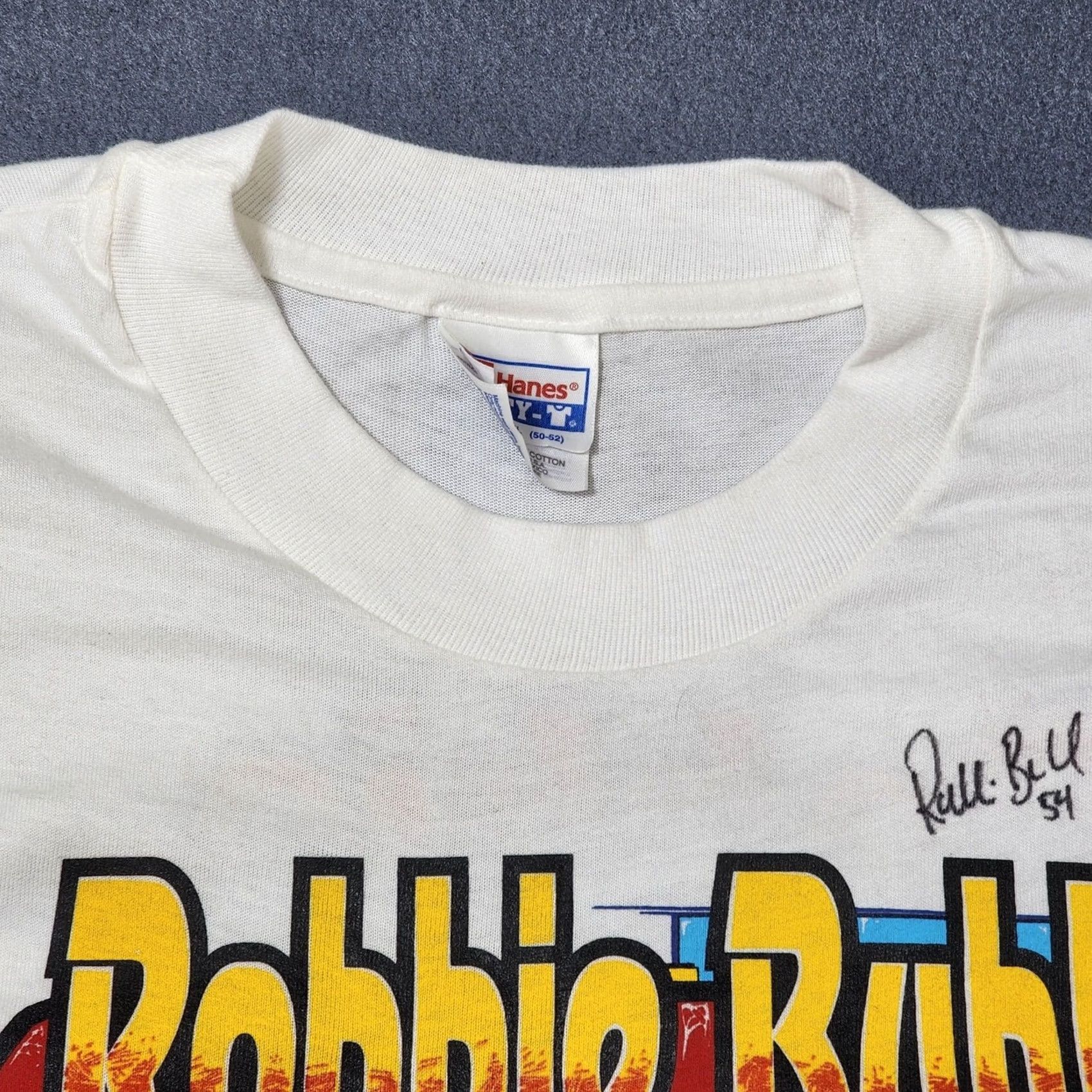 Hanes VINTAGE Hanes Beefy T Robbie Buhl #54 Coors Indy Racing League 1996 Mens 2XL (XXL) White Crew Neck Short Sleeve Shirt Size US XXL / EU 58 / 5 - 7 Thumbnail
