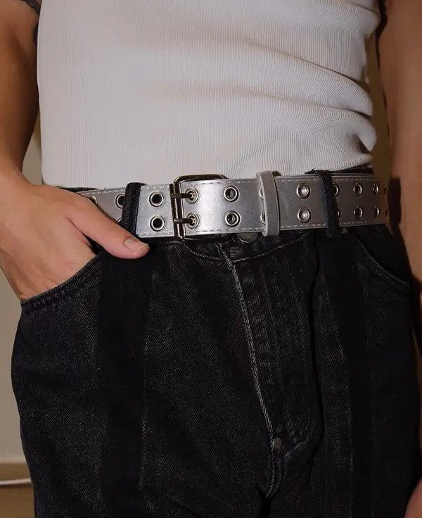 Japanese Brand Outdoor y2k punk metallic pu leather double eyelet belt Size ONE SIZE - 4 Thumbnail