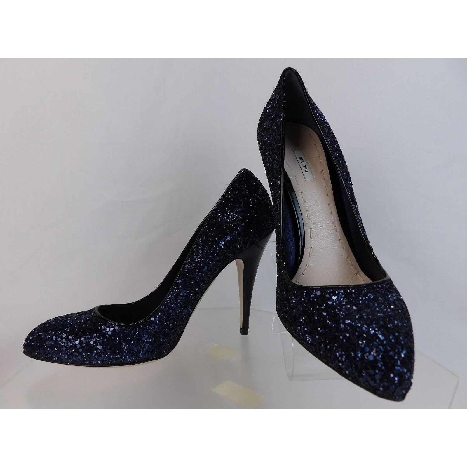 Miu Miu DARK NAVY GLITTER BLACK PATENT LEATHER HEEL PUMPS 40.5 ITALY Size US 10.5 / IT 40.5 - 2 Thumbnail