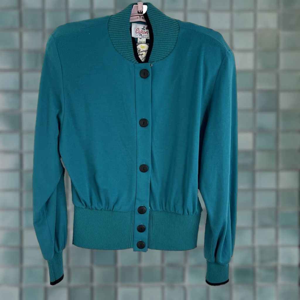 Vintage VINTAGE Caron Cardigan Sweater Womens Size 10 Teal Blue 80s Classic Lightweight V-Neck Long Sleeve Size L / US 10 / IT 46 - 1 Thumbnail