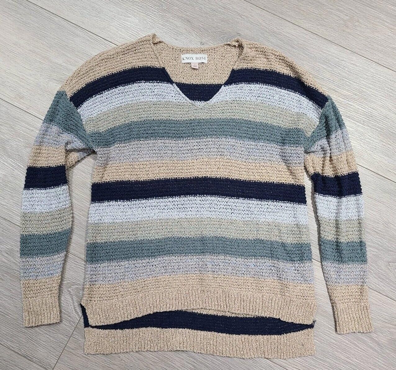 Designer Knox Rose Sweater Medium Striped Loose Knit V Neck crochet Size M / US 6-8 / IT 42-44 - 1 Thumbnail