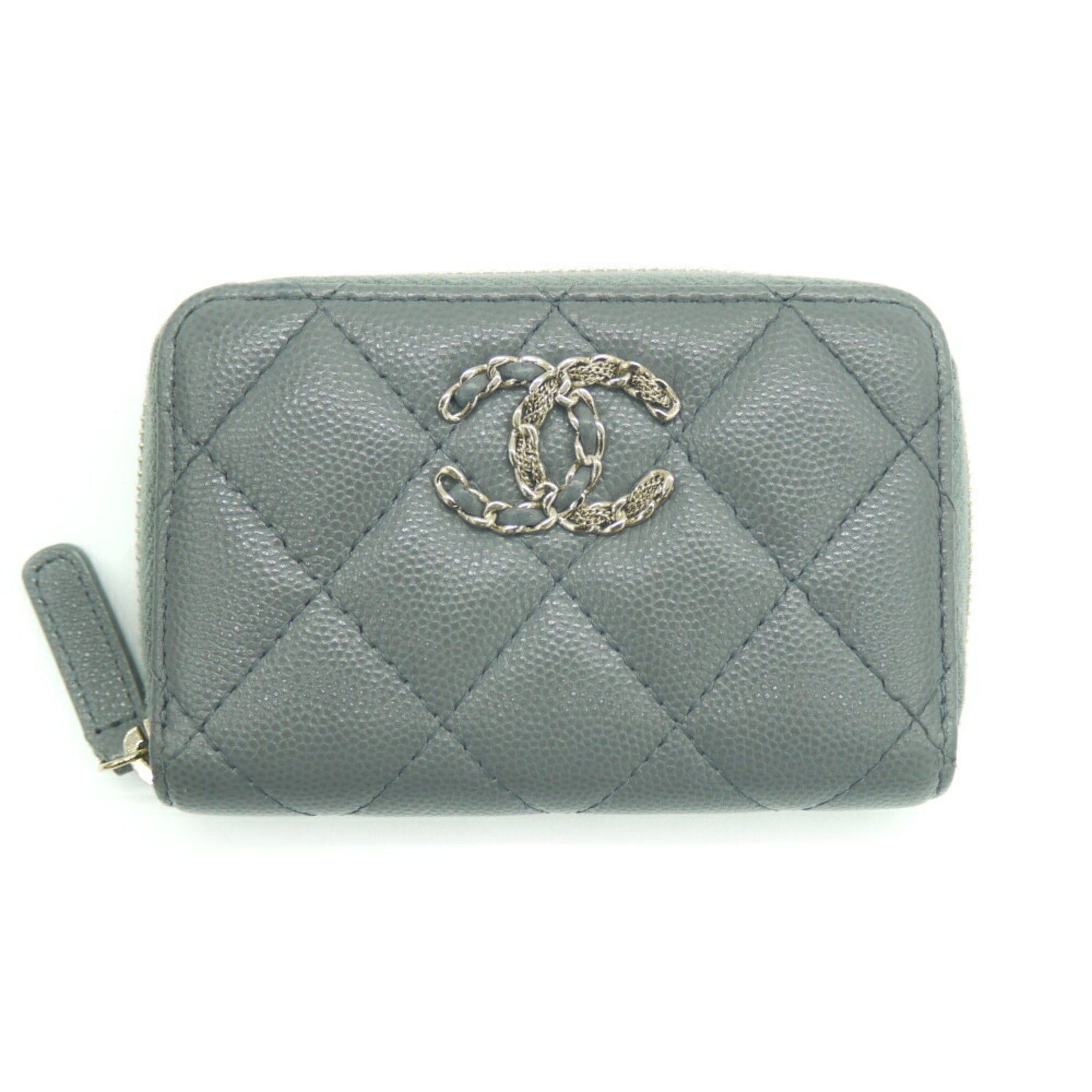 image of Chanel Matelasse Zip Coin Purse Coco Mark Caviar Skin Gray Case Y03255 in Grey, Women's