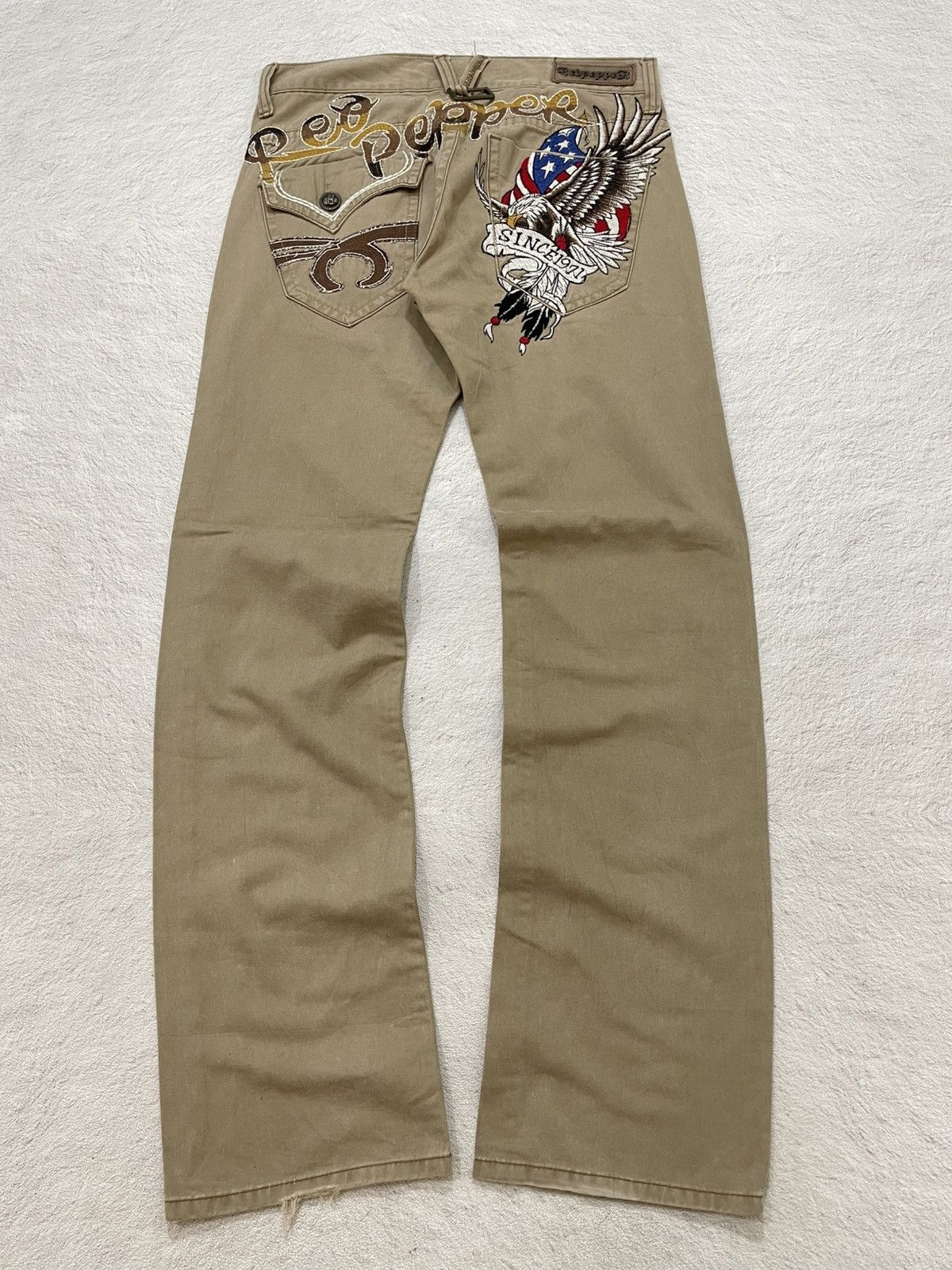 Ed Hardy 2000s Red Pepper Embroidered Eagle Khaki Jeans Japan Y2K Size US 33 - 1 Thumbnail