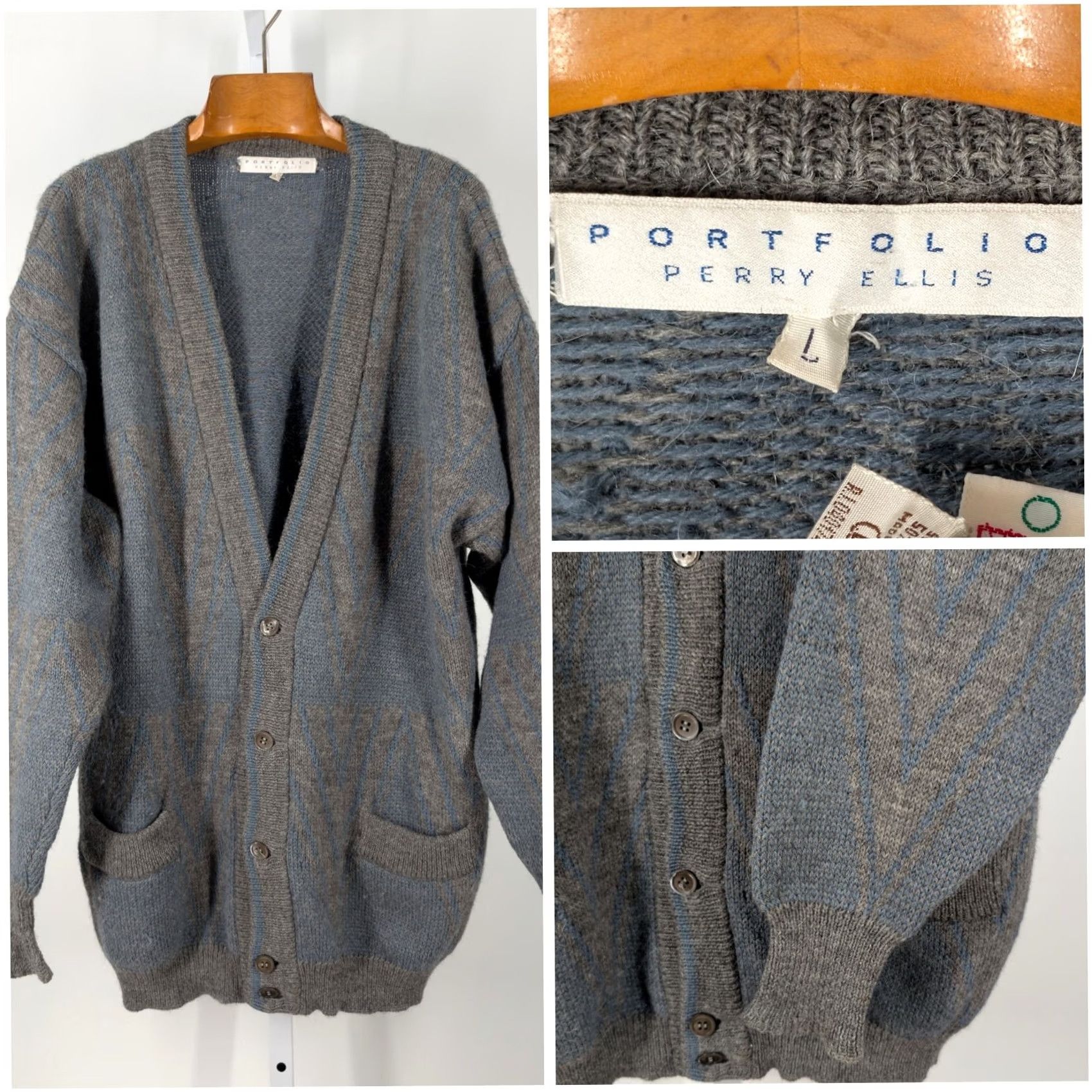 Perry Ellis VINTAGE Perry Ellis Geometric Cardigan Men Wool Alpaca Peruvian 80s 90s Chic Knit V-Neck Long Sleeve Gray and Blue - L Size US L / EU 52-54 / 3 - 2 Thumbnail