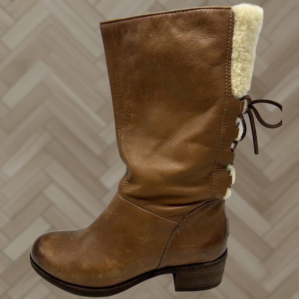 Ugg UGG Boots Womens 7 Brown Cary Wool Leather Mid Calf Pull On Block Heel Read Size US 7 / IT 37 - 1 Thumbnail