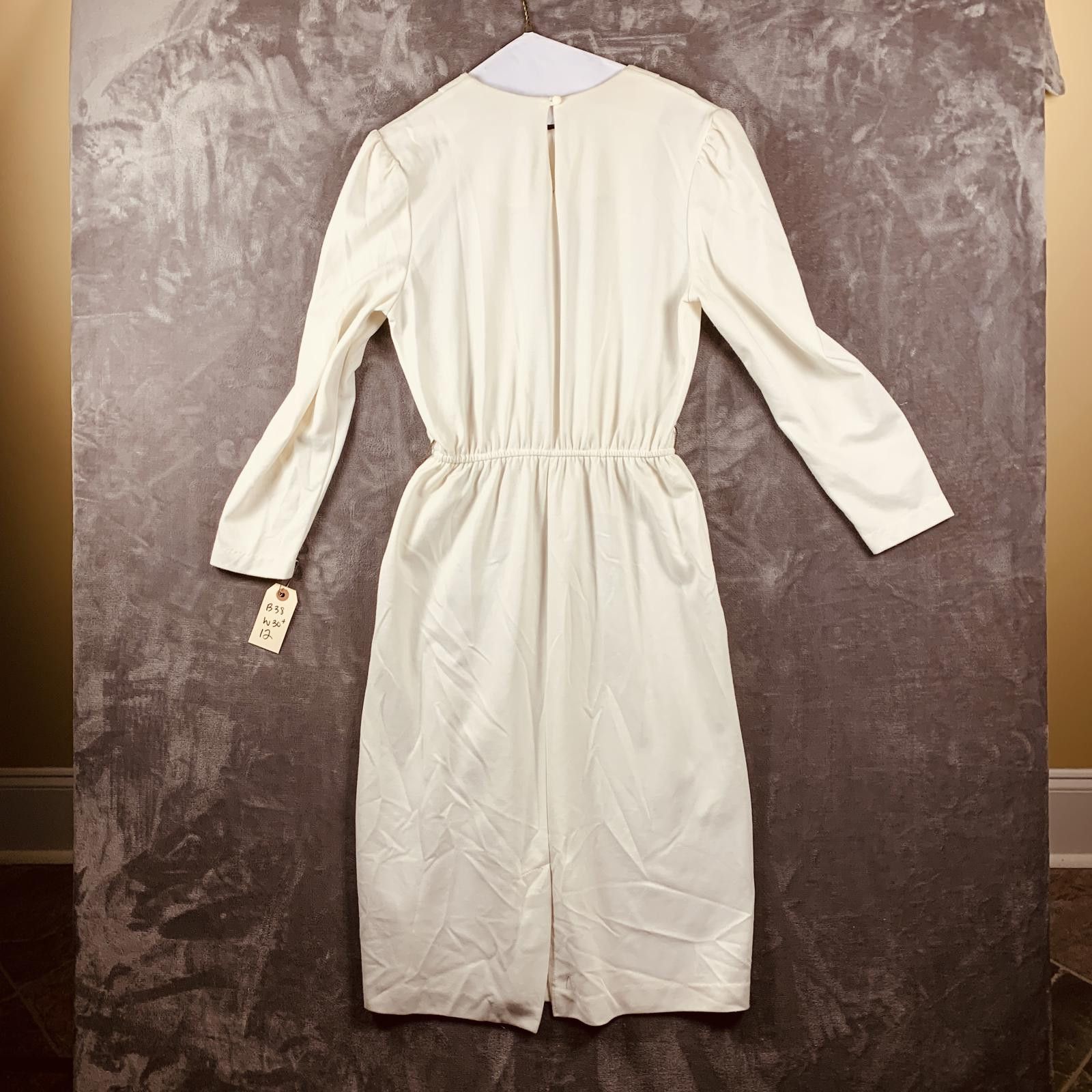Designer Vintage Periwinkle Cream LS Wool Midi Dress w Button DTL 382 Size XL / US 12-14 / IT 48-50 - 7 Thumbnail