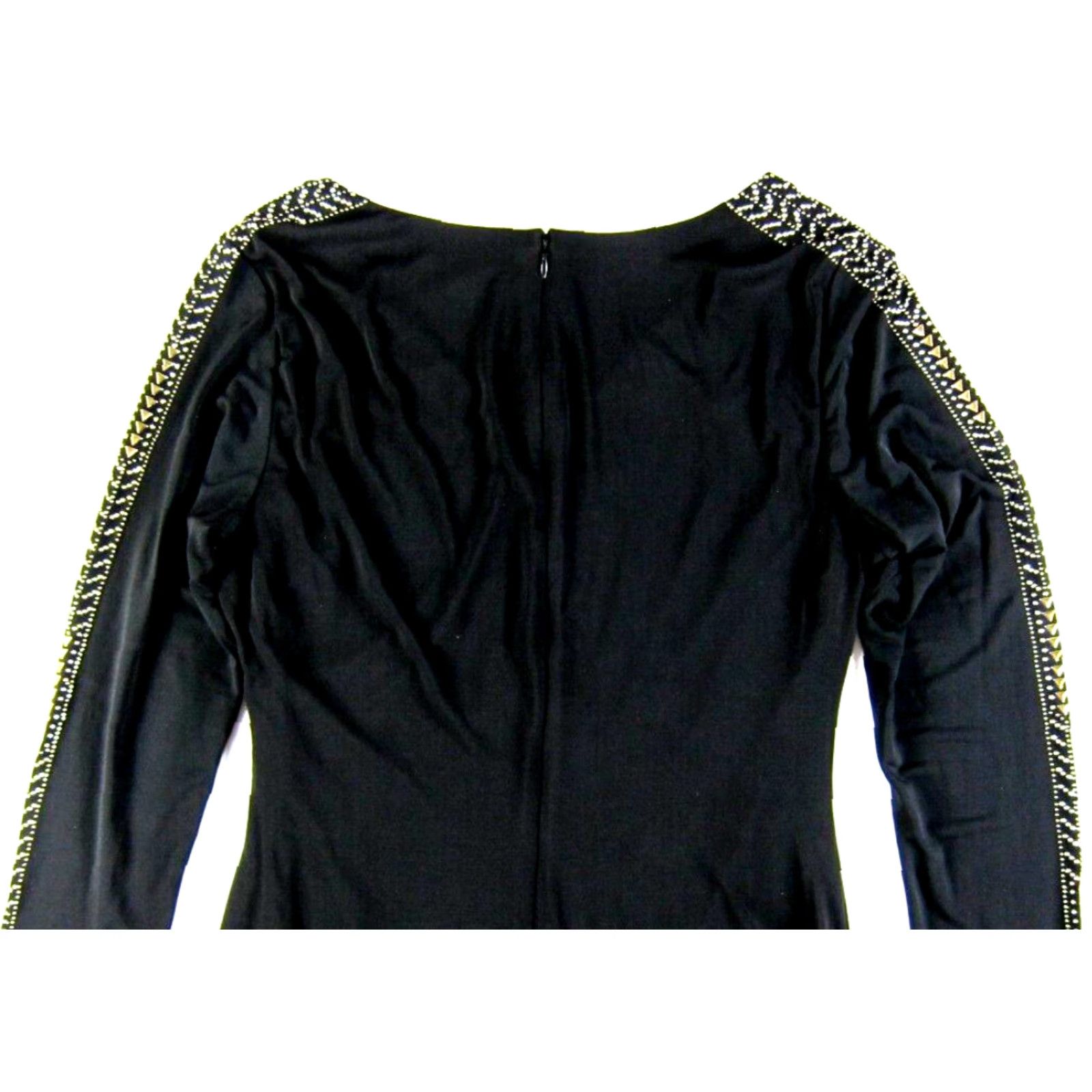 Guess GUESS Black Stretch Ruche Silver Studded Beaded V-Neck Long Sleeve Sheath Dress L Size L / US 10 / IT 46 - 6 Thumbnail