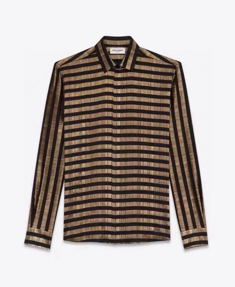 Saint Laurent Paris Saint Laurent Runway Black Gold Striped Silk Shirt Size US XXS / EU 40 - 1 Thumbnail