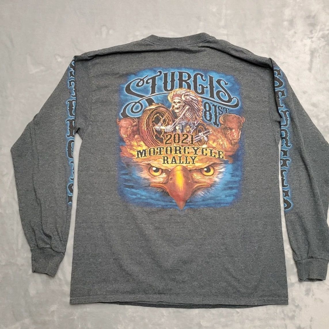 Gildan Sturgis 2021 Motorcycle Rally Shirt Mens Large Long Sleeve Biker Eagle Buffalo Gray Graphic Print Crew Neck Size US L / EU 52-54 / 3 - 5 Thumbnail