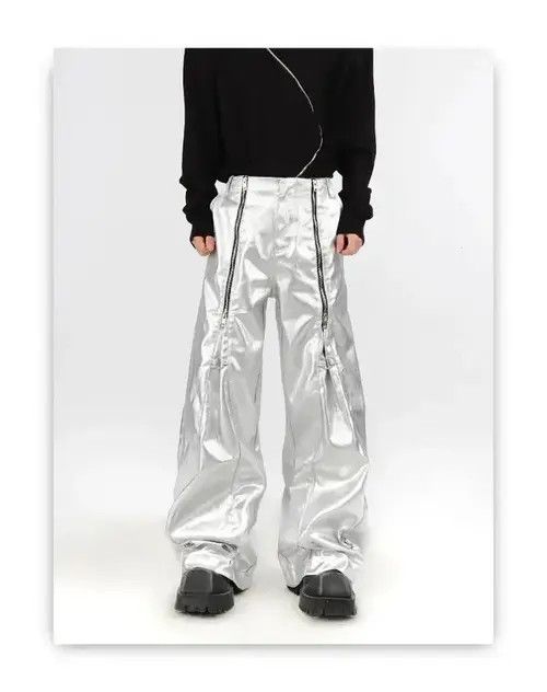 Jean Silver Pu Leather Pants with Many Zippers Trousers Size US 34 / EU 50 - 1 Thumbnail