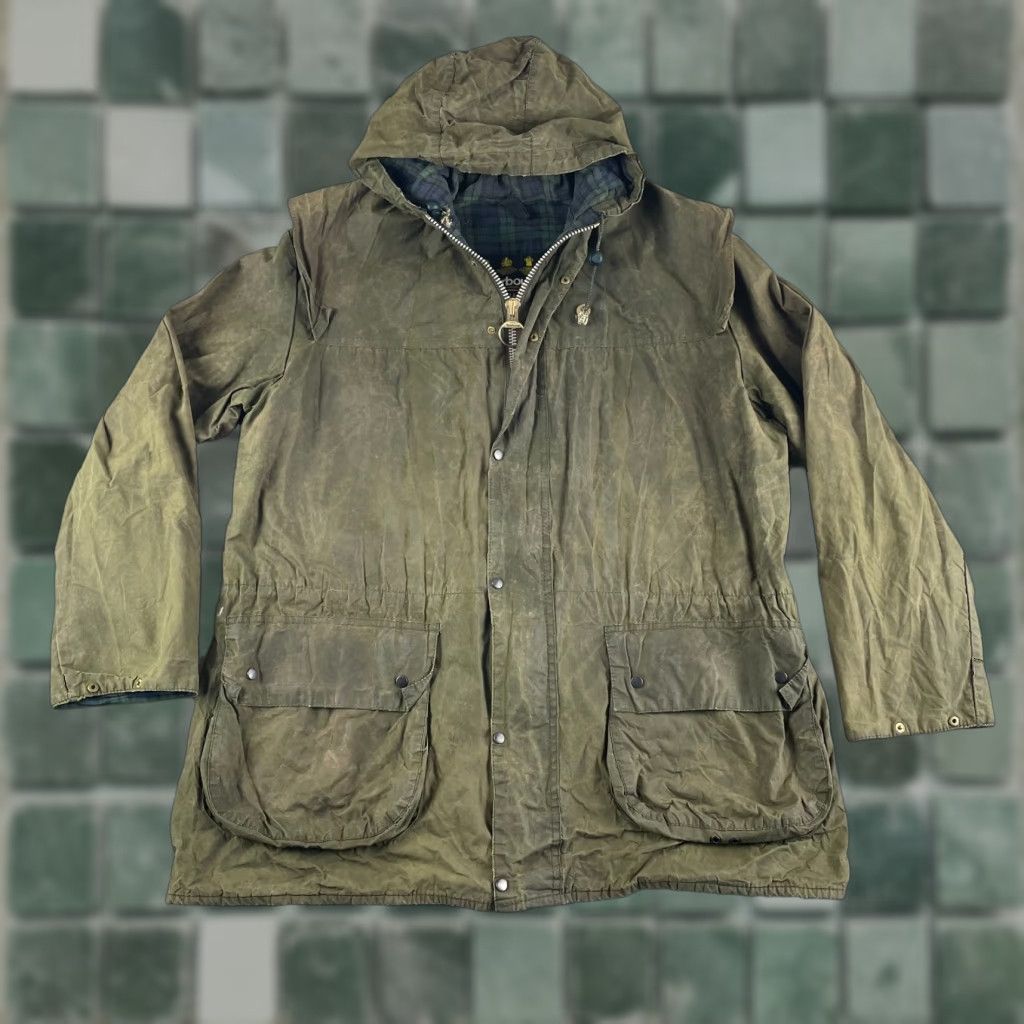 Barbour VINTAGE Barbour Jacket Durham Waxed A5 Men C38 Olive Tartan Plaid Lined Hooded Outdoors Size US XXS / EU 40 - 1 Thumbnail