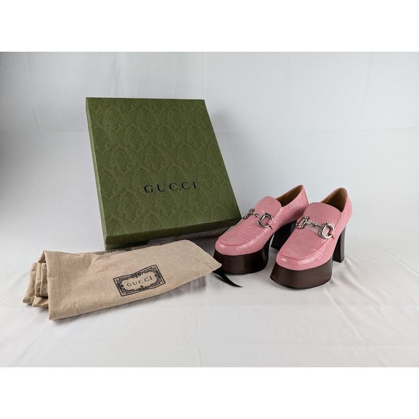 Gucci o1rshd1 Croc-Effect Leather Platform Pumps in Pink Size US 8.5 / IT 38.5 - 9 Thumbnail