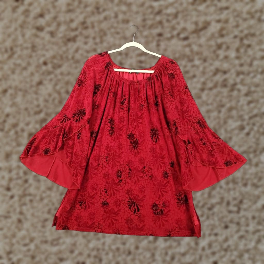 Vintage Calessa Blouse Women's M Red Floral Bell Sleeve Velvet Top Size M / US 6-8 / IT 42-44 - 1 Thumbnail