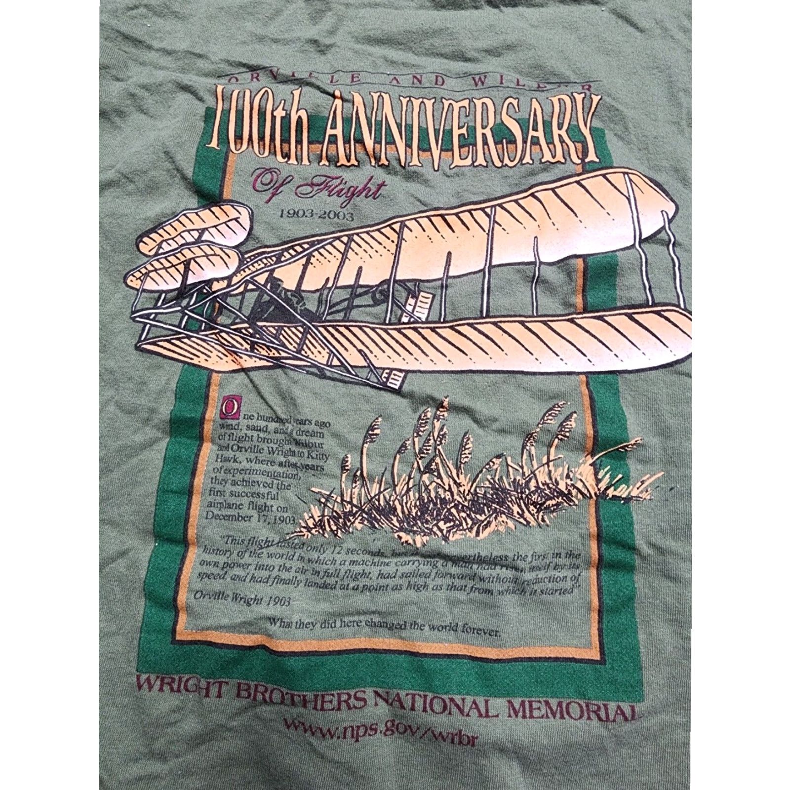 Gildan VINTAGE Gildan Mens XL Green Wright Brothers National Memorial T Shirt 100 Anniversary NC Size US XL / EU 56 / 4 - 6 Thumbnail