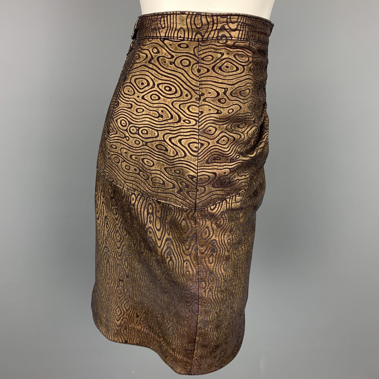 Harrods HARRODS Size 8 Black & Gold Abstract Leather Ruched Skirt Size 30" / US 8 / IT 44 - 3 Thumbnail
