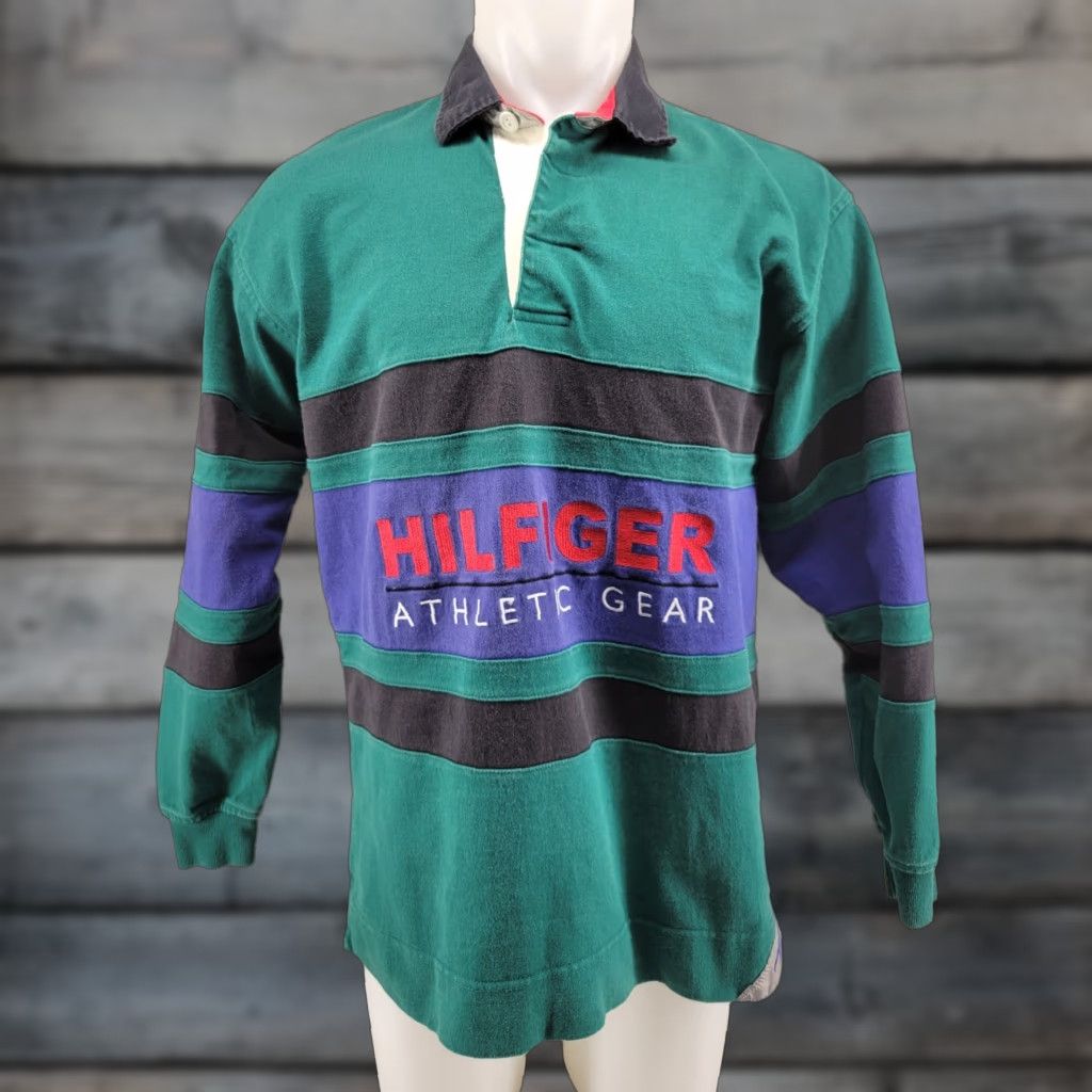 Tommy Hilfiger VTG Tommy Hilfiger Athletic Gear Polo Long Sleeve Color Block Size Med Shirt Mens Color Green 1990s Rugby Athletic Shirt Size US M / EU 48-50 / 2 - 1 Thumbnail