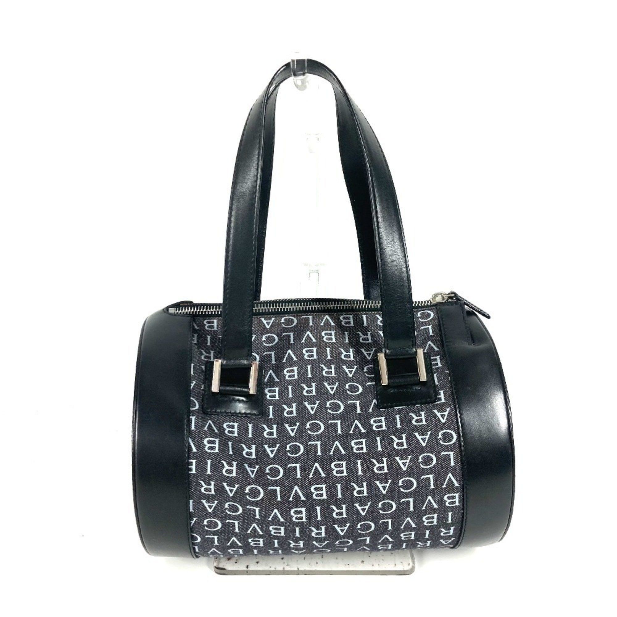BVLGARI B-ZERO1 Logomania Drum Cylindrical Bag Shoulder Handbag Denim Leather Women's Black