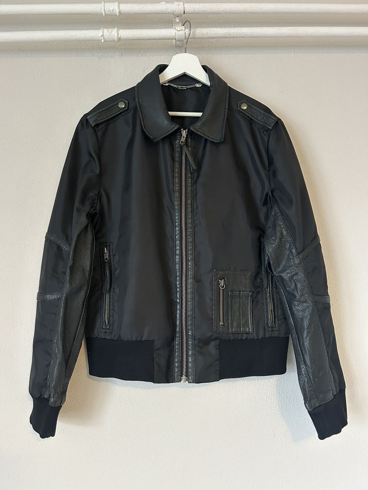 Nylon Bomber Jacket with Leather Inserts Size 52