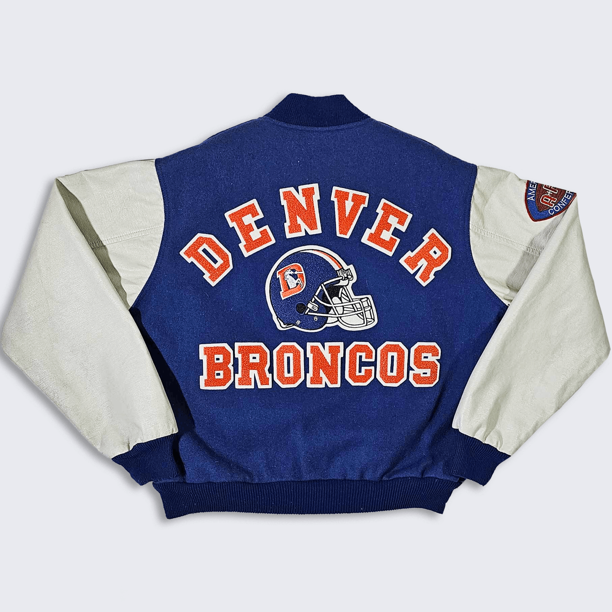 image of Denver Broncos Vintage 80's Chalk Line Varsity Jacket in Blue White, Men's (Size XL)