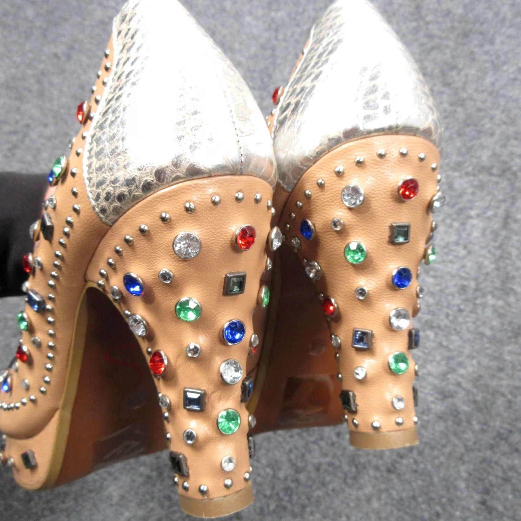 Vintage Miss L'Fire Showgirl Sandal Womens 9 Beige Leather Studded Rhinestone Slip-On Block Heel Shoes 40 Size US 9 / IT 39 - 3 Thumbnail