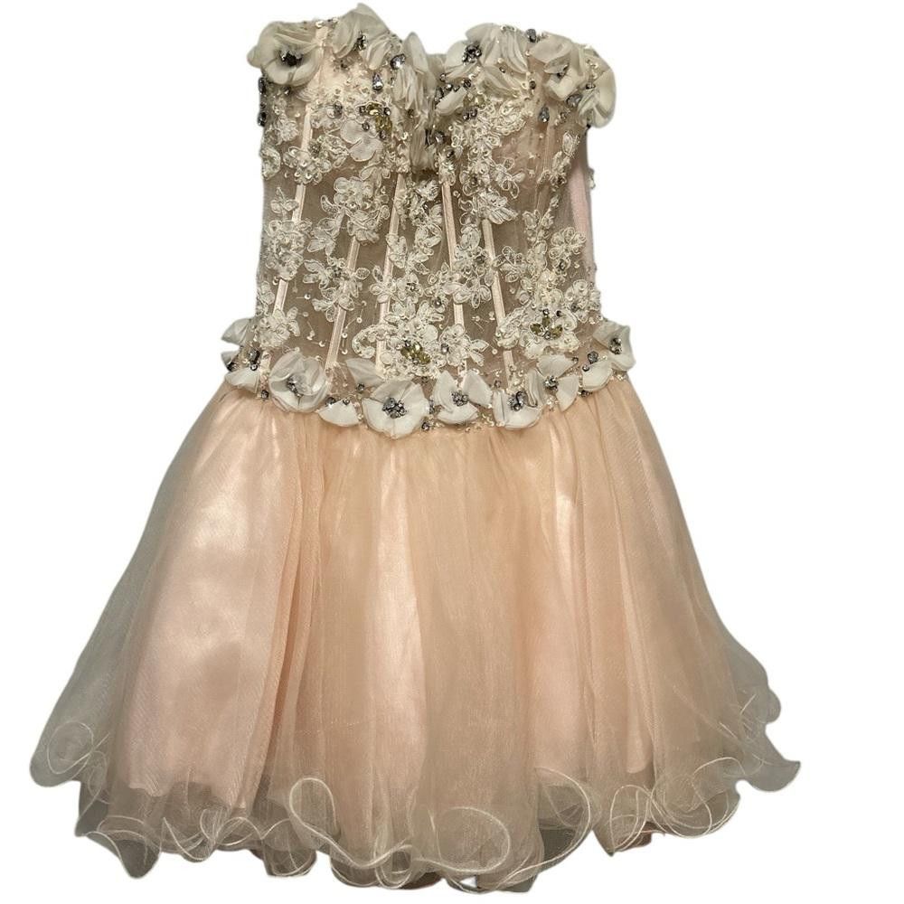 Designer Peach Beaded and Flower Appliqué Cocktail Dress Size M / US 6-8 / IT 42-44 - 5 Thumbnail
