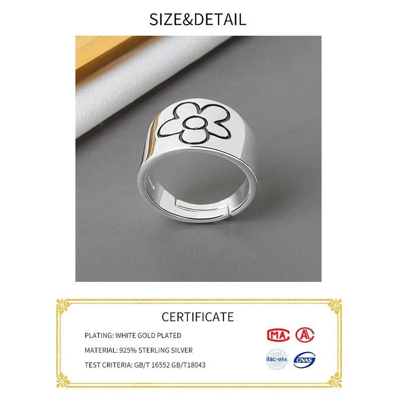 Jewelry Real 925 Silver Geometric flower pattern Adjustable Ring Size ONE SIZE - 2 Thumbnail