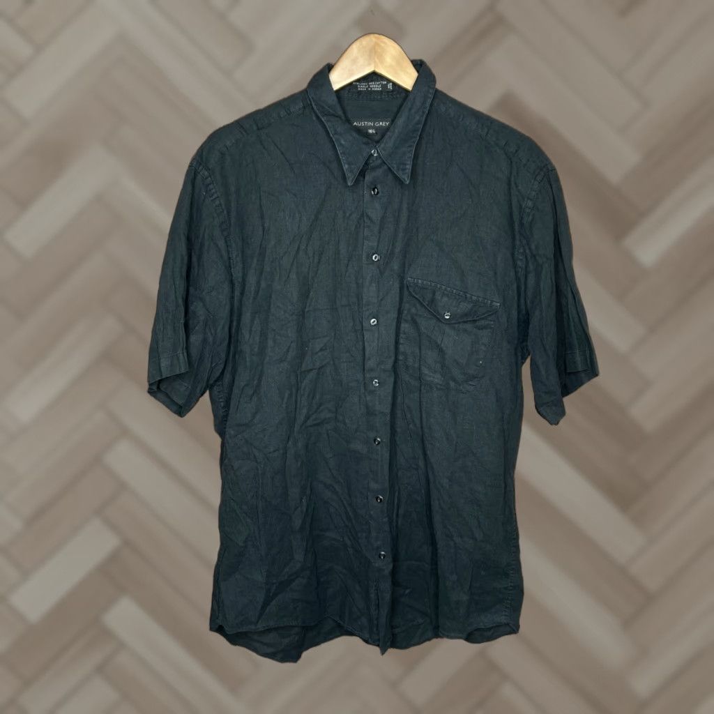 Vintage VINTAGE Austin Grey Button-Up Shirt Mens 16.5 100% Linen Black Front Pocket Short Sleeve Button Closure Collared Knit Fabric Pockets פת Size US XL / EU 56 / 4 - 1 Thumbnail