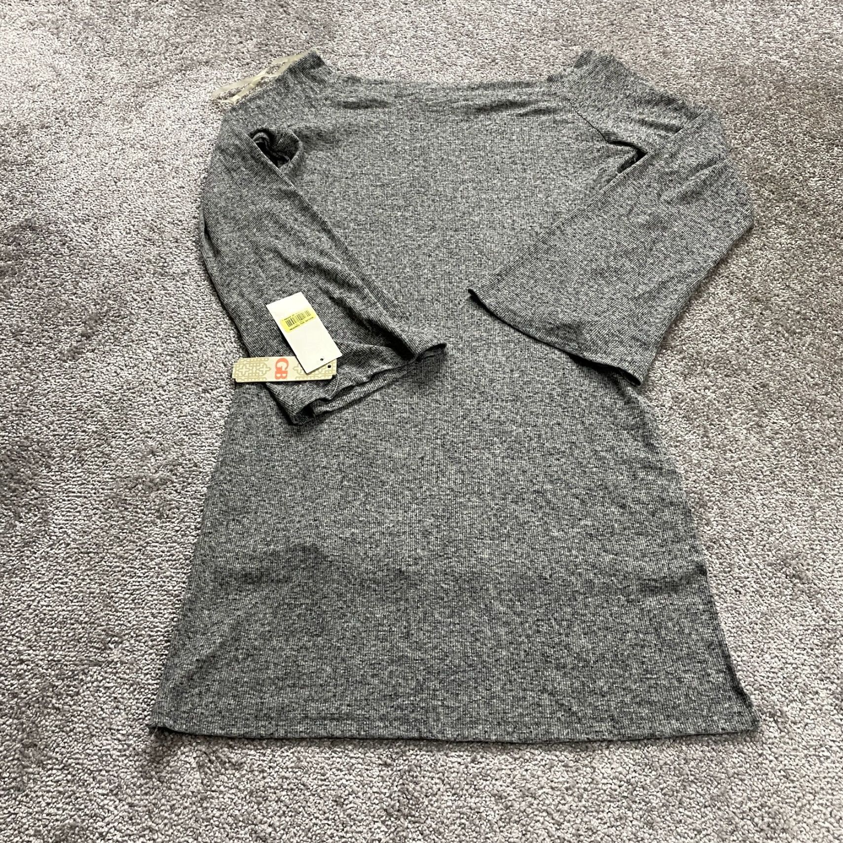 Bell GB Tunic Shirt Womens Junior Large Gray Off Shoulder Bell Sleeve Knit Cotton NWT Slit Stretch Classic Womens Size L / US 10 / IT 46 - 2 Thumbnail