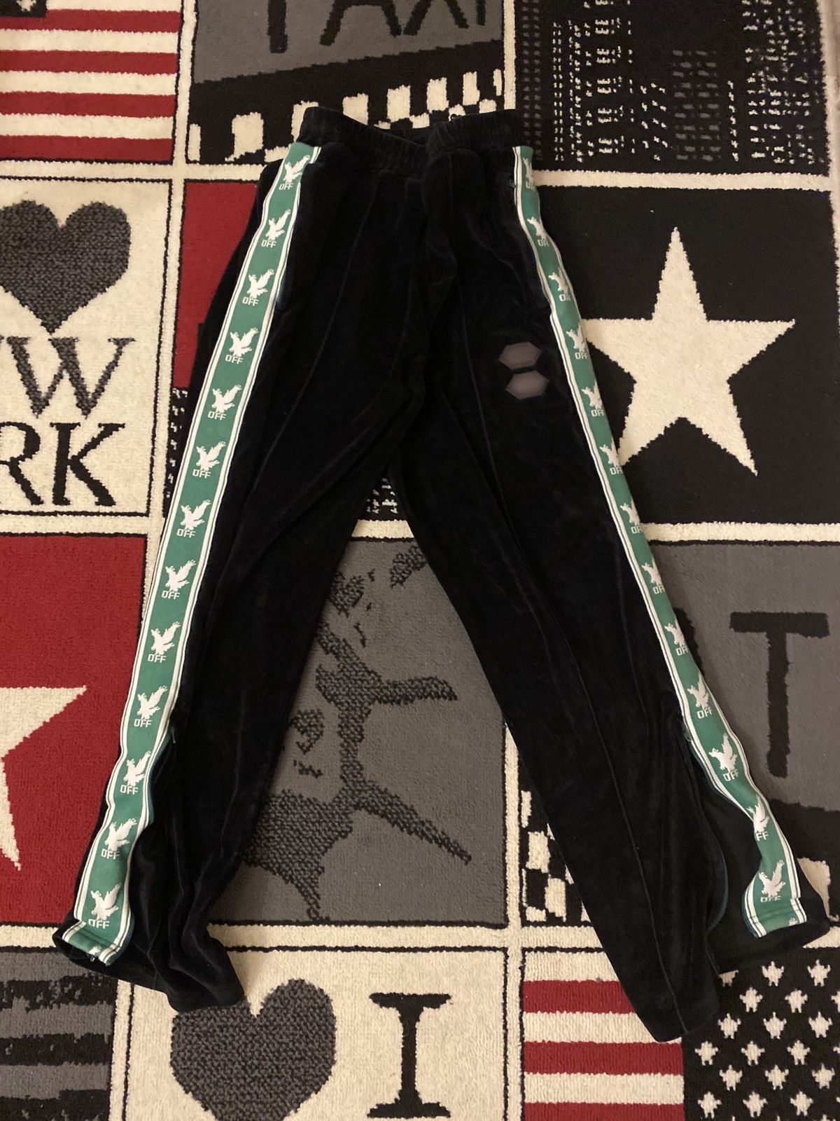 image of Off White x Virgil Abloh Off-White Black Velour Pants Eagle, Men's (Size 32)