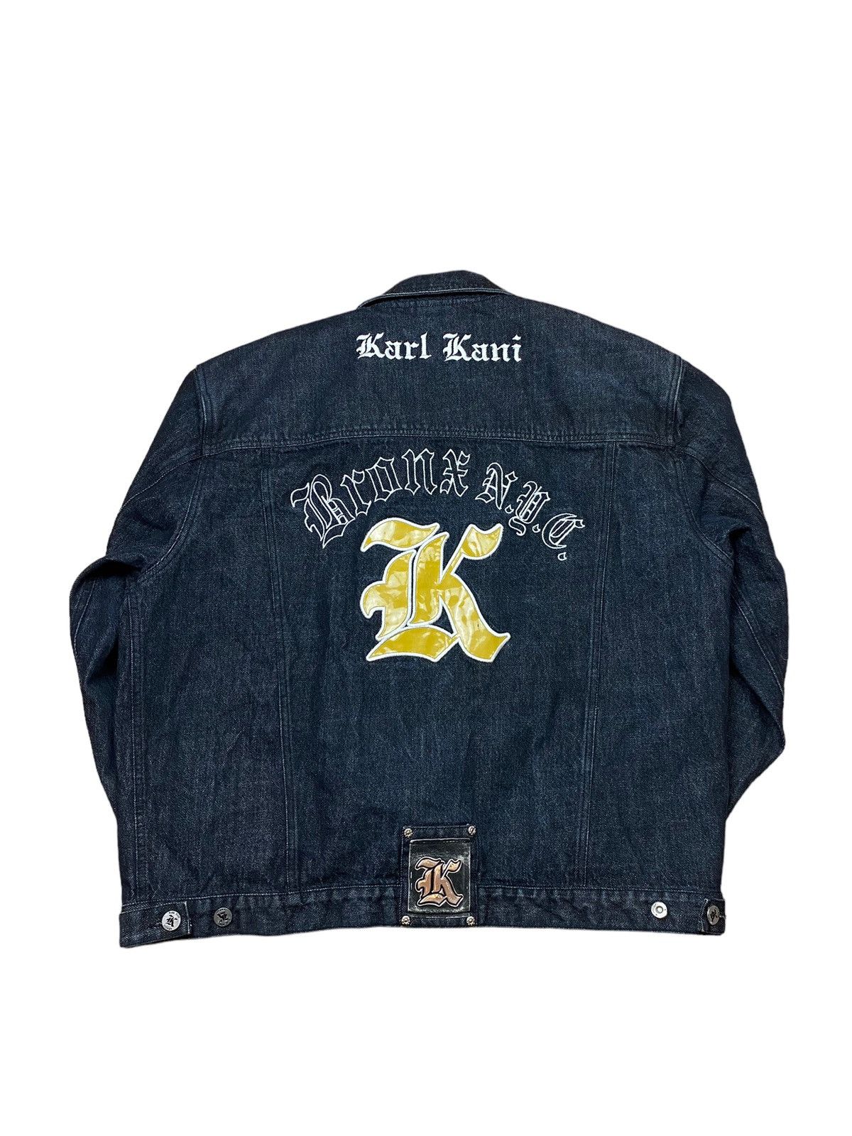 image of Archival Clothing x Karl Kani Vintage Karl Kani Bronx Nyc Embroidered Denim Jacket in Dark Indigo (