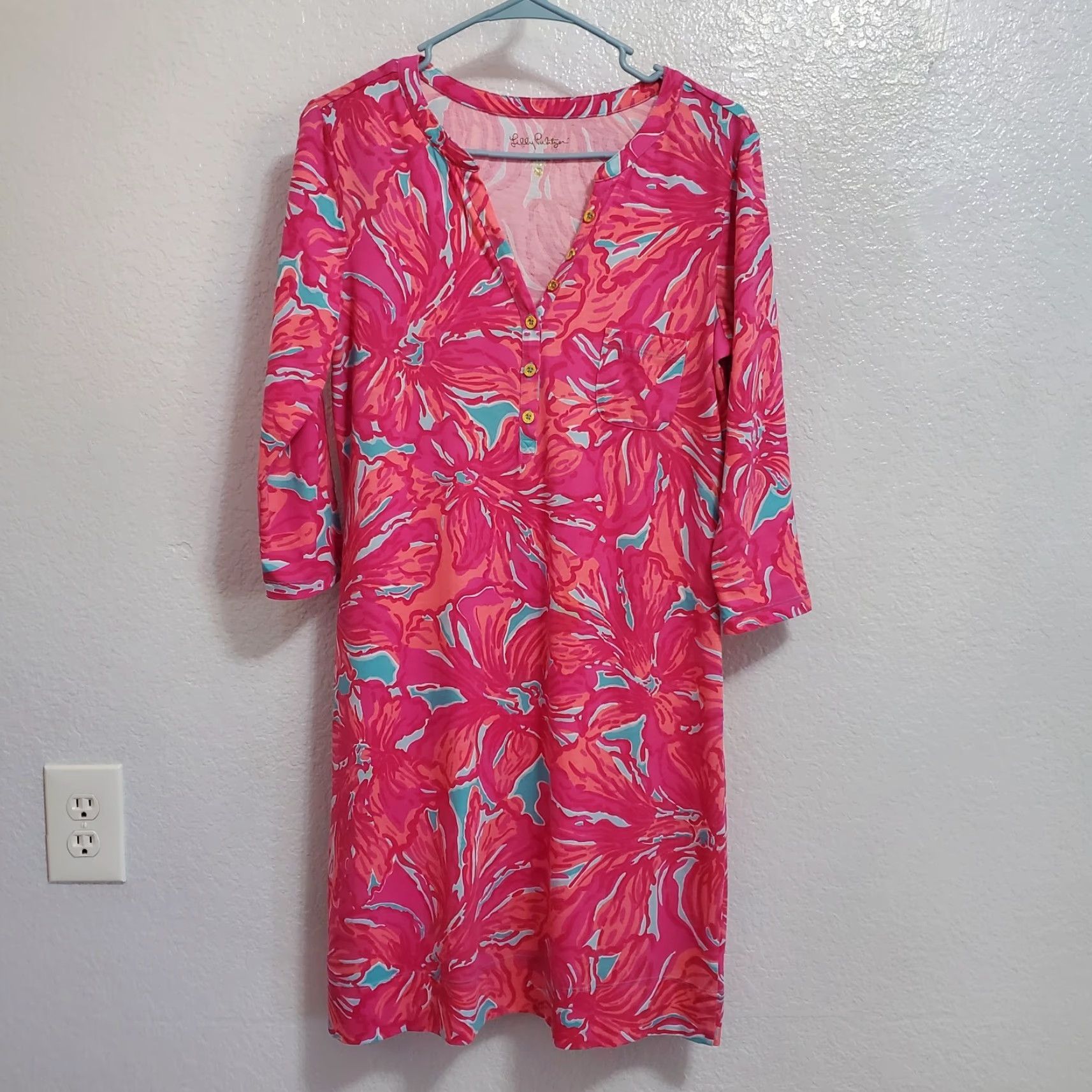 Lilly Pulitzer Lilly Pulitzer Alessia Dress Womens M Pima Cotton Pink Floral Resort Sea V-Neck 3/4 Sleeve Pullover Knee Length A-Line Sundress Size M / US 6-8 / IT 42-44 - 2 Thumbnail