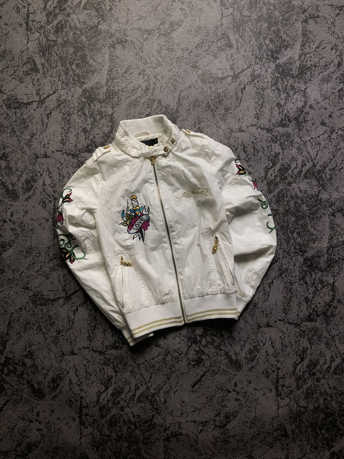 Pre-owned Ed Hardy X Vintage Jacket Ed Hardy Whire Honor Peace Diamonds Audigier In White
