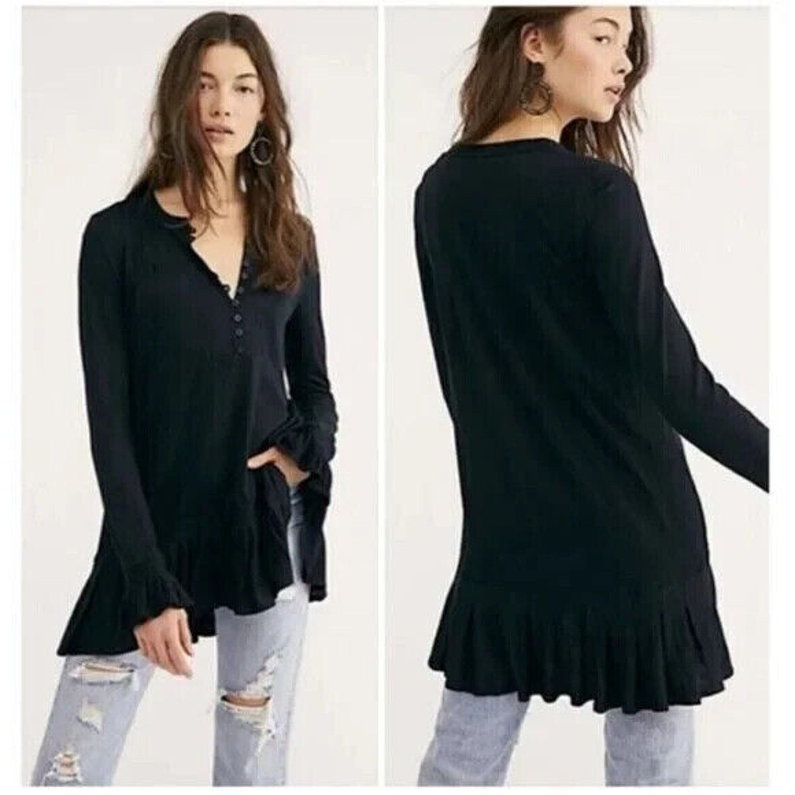 Free People Free People Black Ruffle Long Sleeve Tunic Top Mini Dress XS Size XS / US 0-2 / IT 36-38 - 3 Thumbnail
