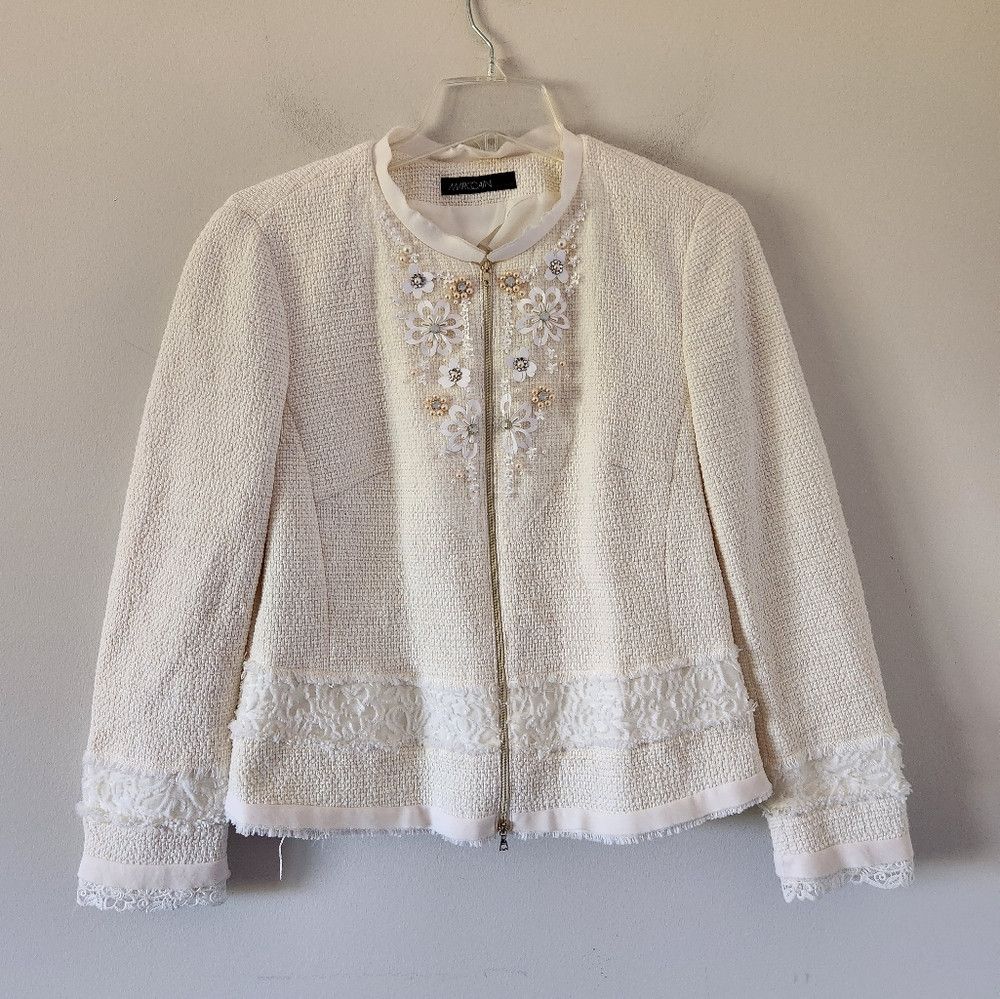 Other MARC CAIN | Tweed Jacket Zip Up Blazer Embellished Ivory Wh Size L / US 10 / IT 46 - 1 Thumbnail