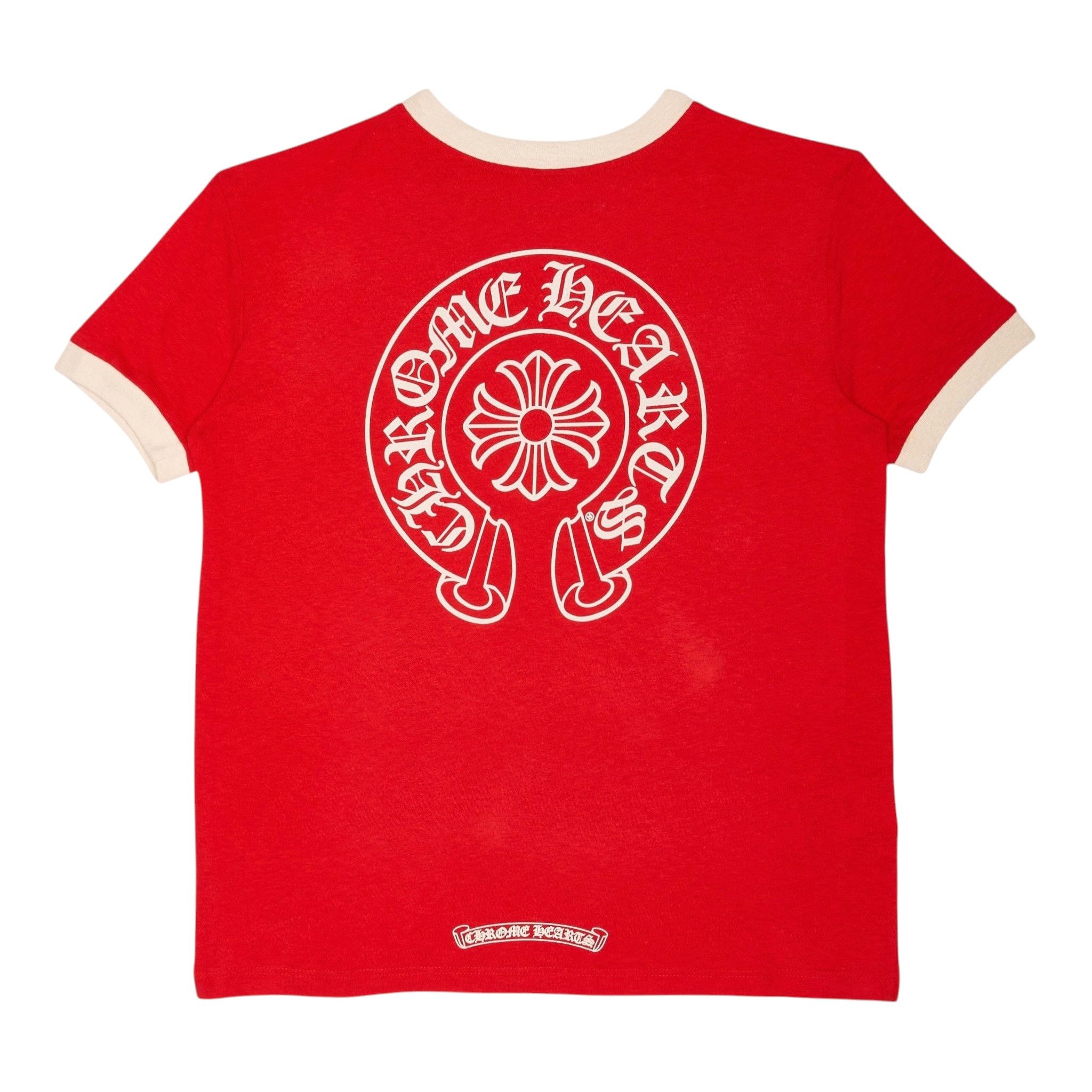 Chrome Hearts Ringer Horseshoe Scroll Logo Short Sleeve Tee Shirt Red Whi Size S / US 4 / IT 40 - 1 Thumbnail