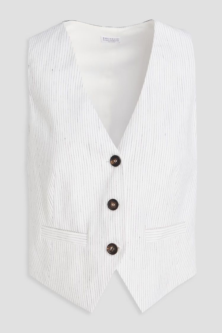 Brunello Cucinelli o1y0725 Pinstriped Sleeveless Vest in White Size L / US 10 / IT 46 - 1 Thumbnail