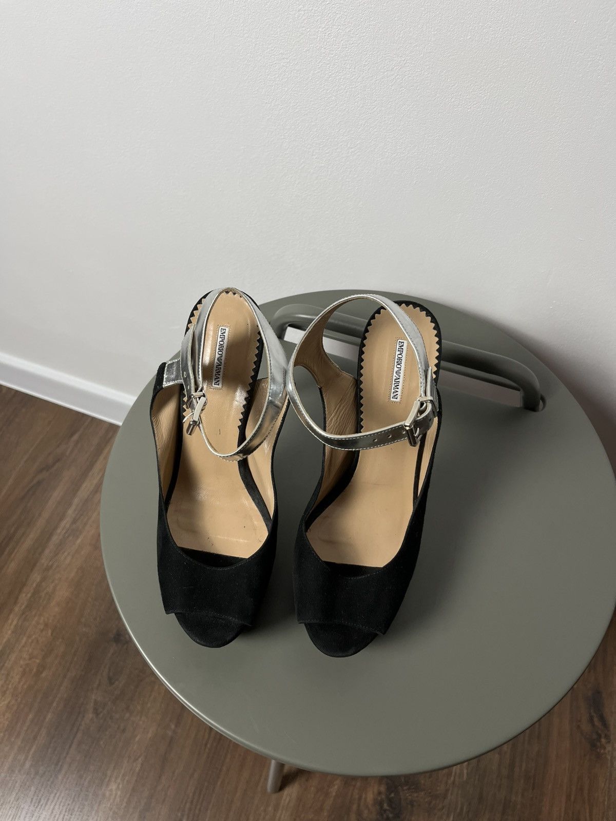 Emporio Armani Emporio Armani Black Suede Peep Toe Heels with Silver Straps Size US 6 / IT 36 - 10 Thumbnail