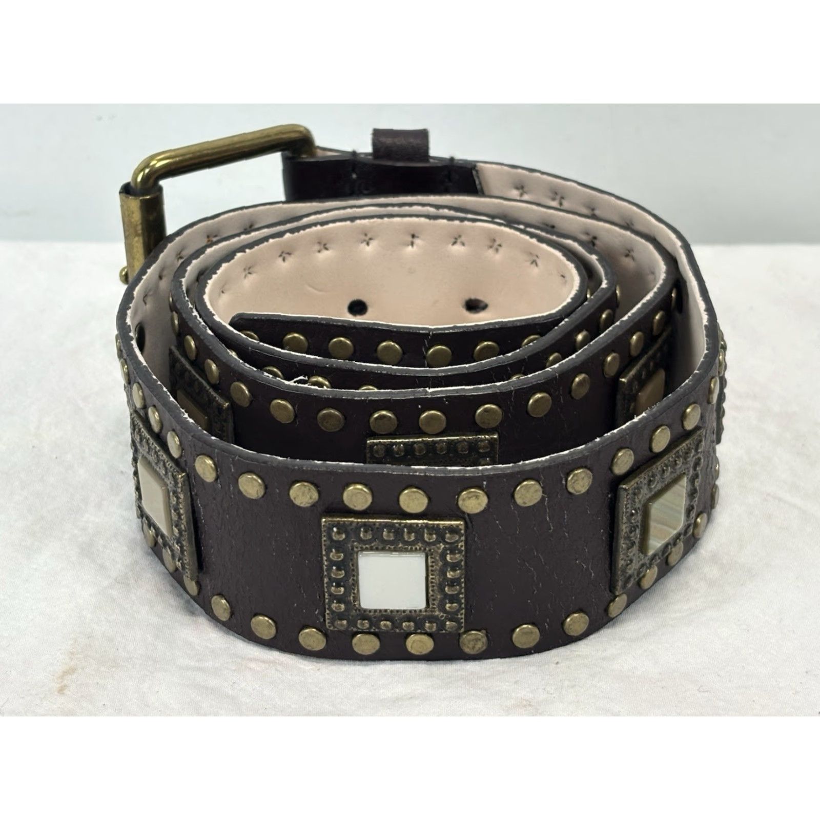 Vintage VINTAGE Another Line Inc Fashion Belt Women Leather Studded Square Crystal Size L Brown Y2K Size ONE SIZE - 3 Thumbnail