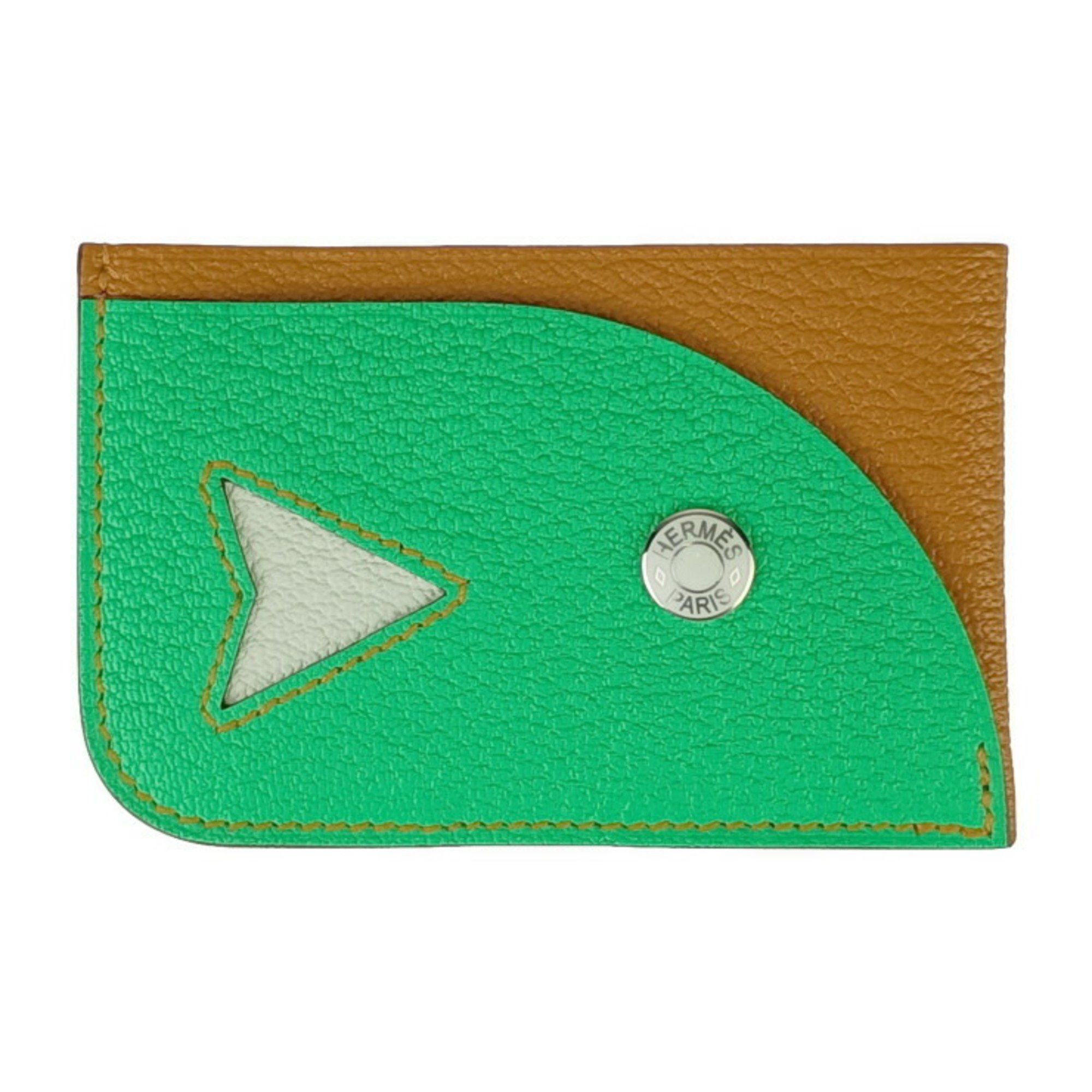 Hermes Business Card Holder/Card Case POISSON H084483CKAC CARAMEL+VERT COMICS+VERT FIZZ Green Brown Chevre Men's Women's Pass B Engraved