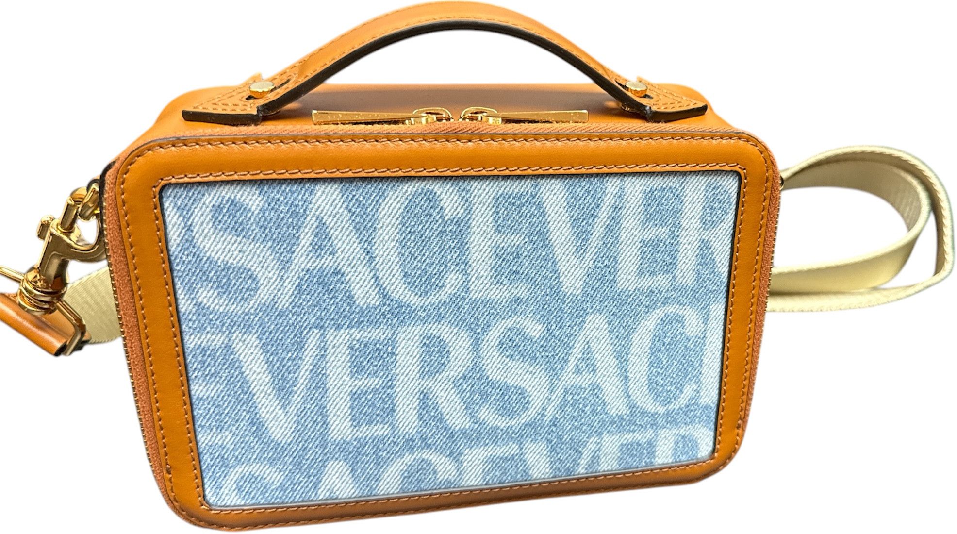 Versace Leather Denim Camera Bag in Brown/Denim, Men's
