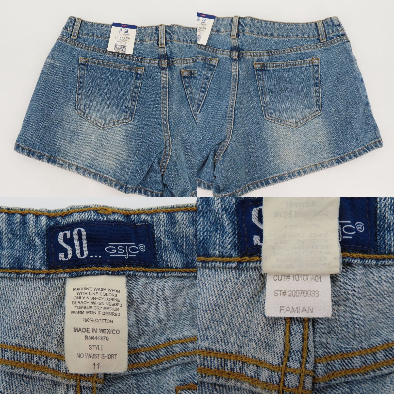 Denime VINTAGE SO Juniors 11 No Waist Blue Denim City Shorts 3in Inseam Whiskered NEW Jeans Hot Pants Girls Size 32" / US 10 / IT 46 - 8 Thumbnail