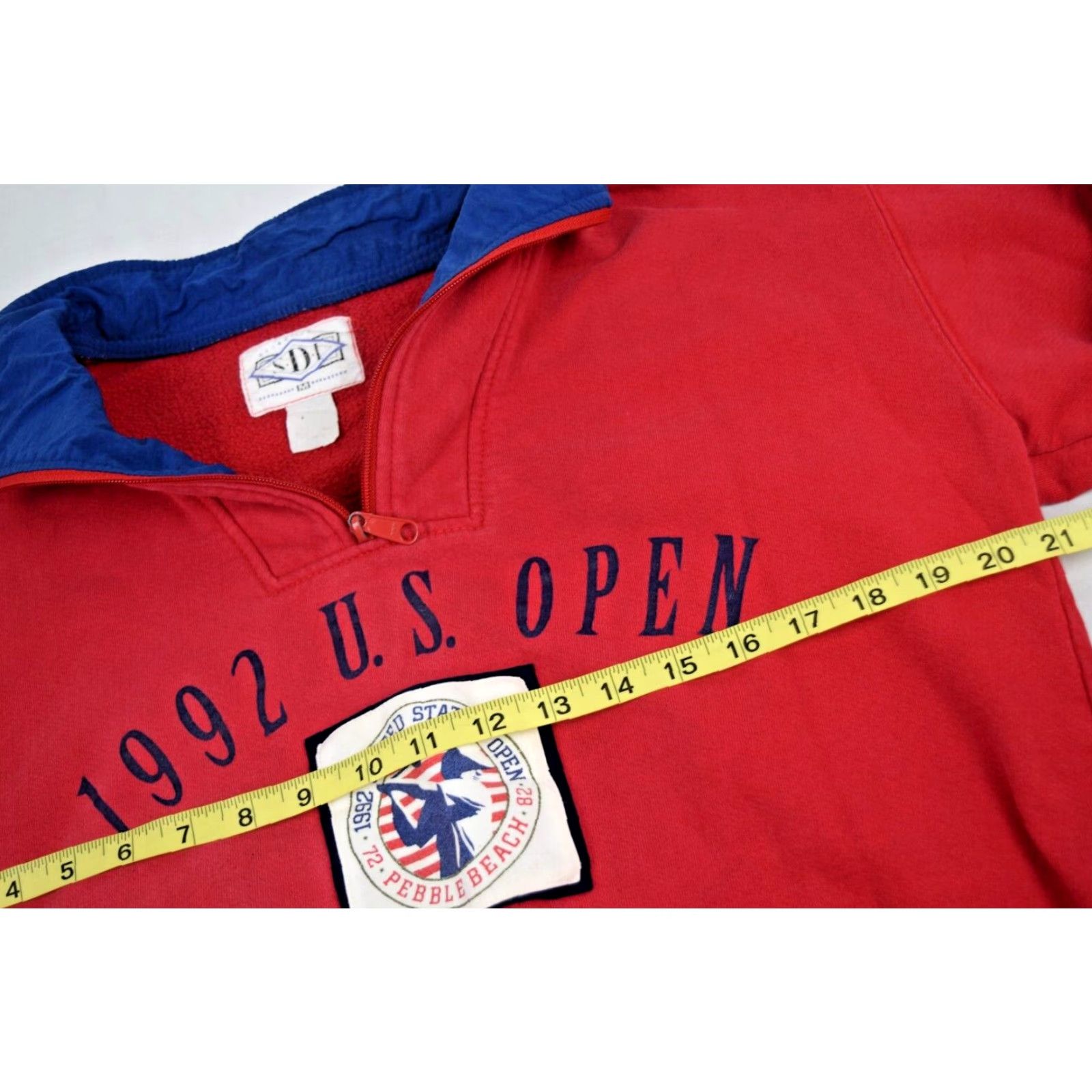 VINTAGE SDI Sweatshirt US Open Pebble Beach 1992 90s Red Blue Trim Cotton M/L 42 Chest Long Sleeve Shirt Mens