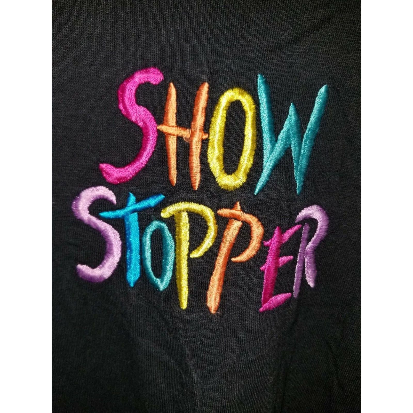 Rainbow VINTAGE Show Stopper T-Shirt Womens M 80s Rainbow Spell Out Single Stitch Black Cotton Embroidered Size M / US 6-8 / IT 42-44 - 2 Thumbnail